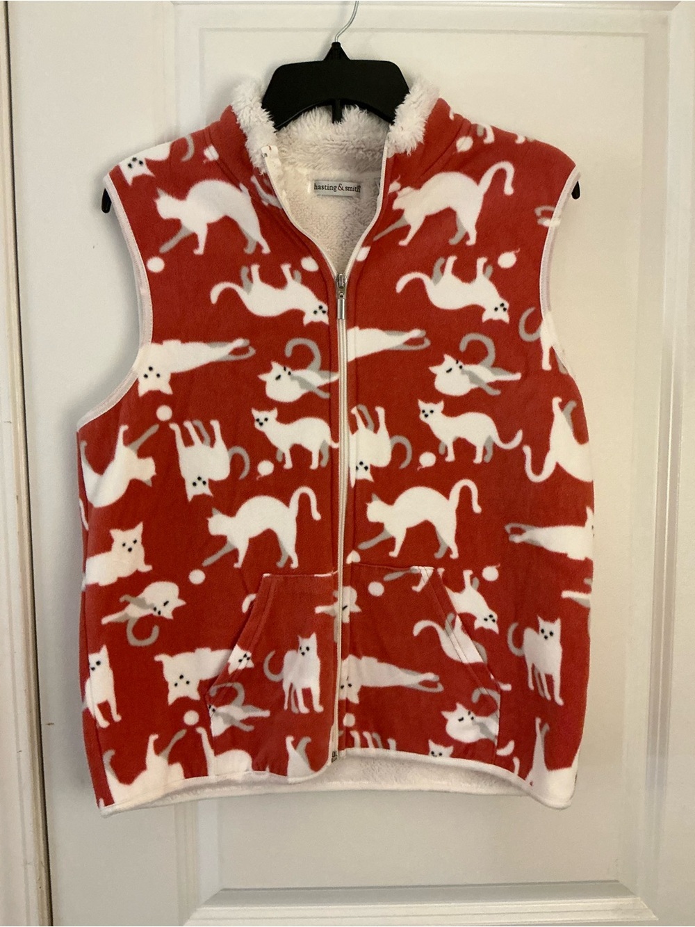 Hasting & Smith Fleece Cat Print Vest Sherpa Lined Size M Zip